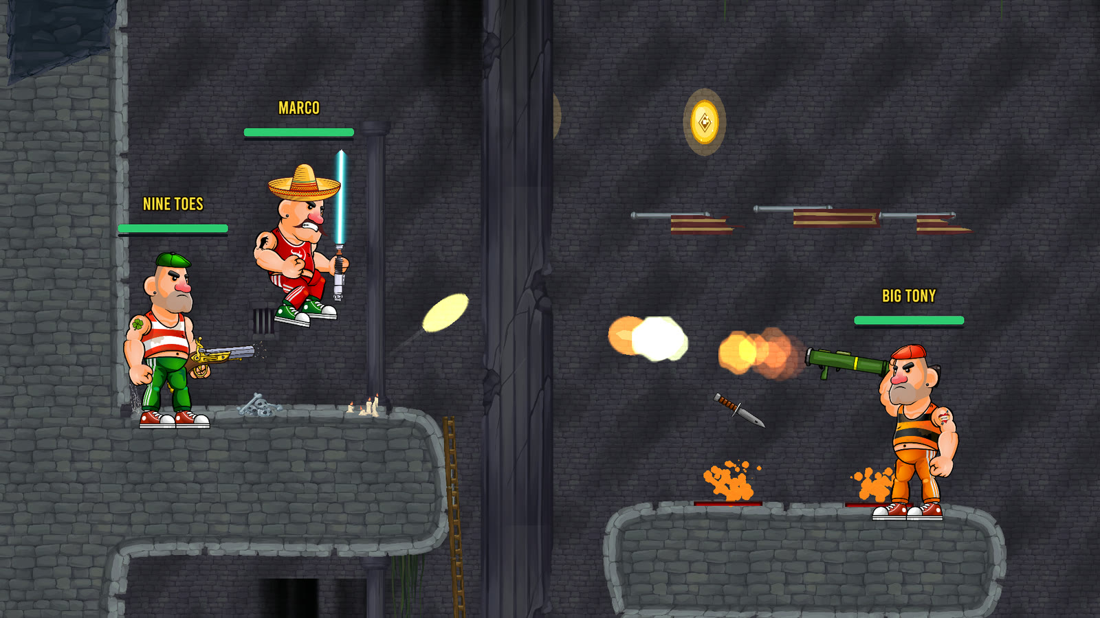Three prisoners fighting across the cell block with a laser sword, a pistol and a rocket launcher